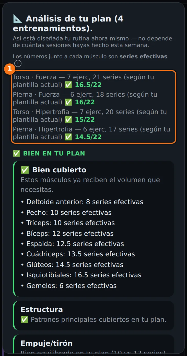 Análisis de tu plan con el resumen de cada sesión: ejercicios, series y carga frente a su tope