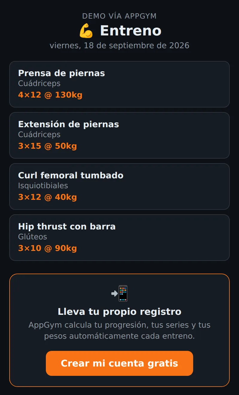 Vista pública de un entreno compartido con el nombre de quien lo comparte, la fecha, cada ejercicio con su músculo, series, repeticiones y peso, y un botón para crear una cuenta gratis