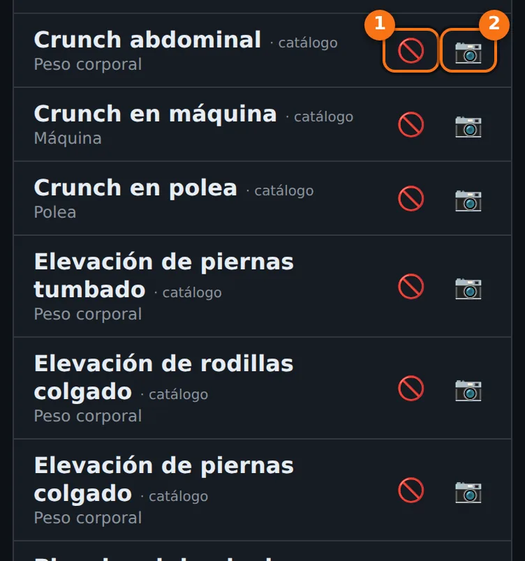 Lista de ejercicios de Abdominales con el nombre, el equipo y los botones de restricción y foto