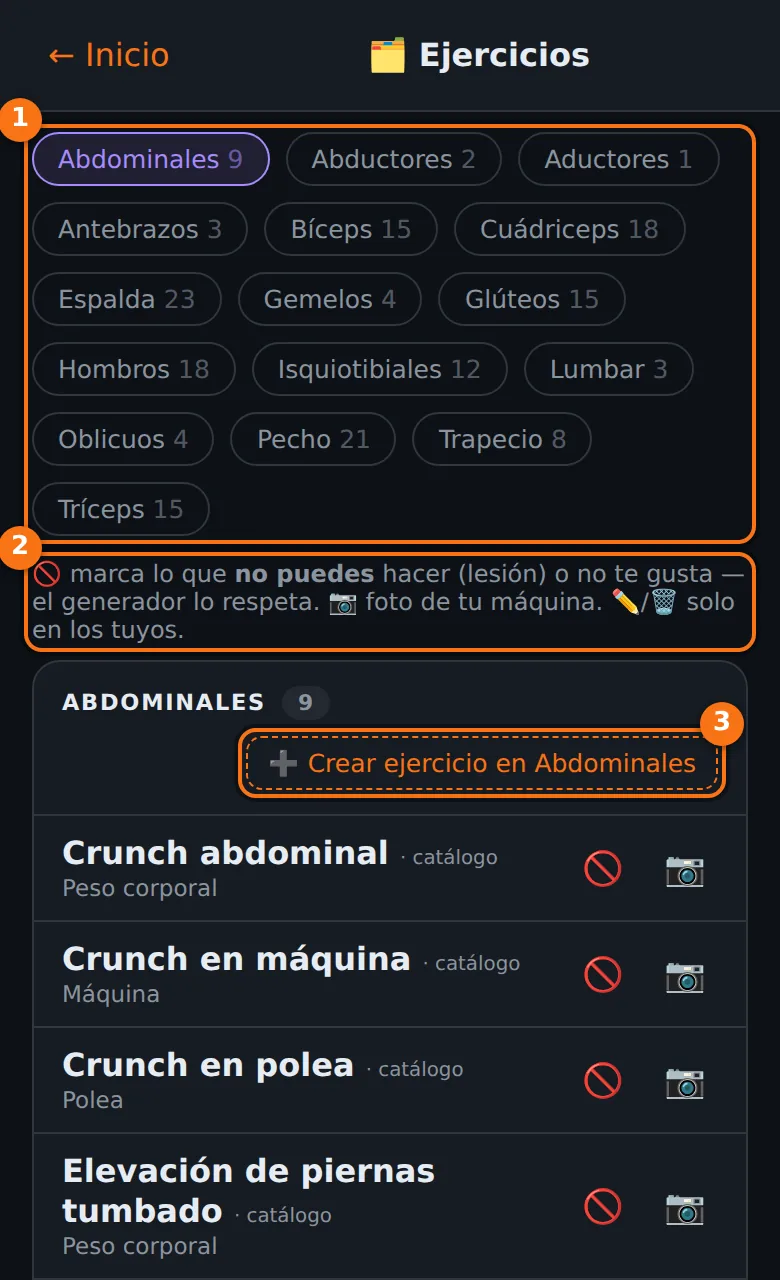 Pantalla Ejercicios con los filtros por músculo, la nota explicativa y el botón para crear un ejercicio en Abdominales