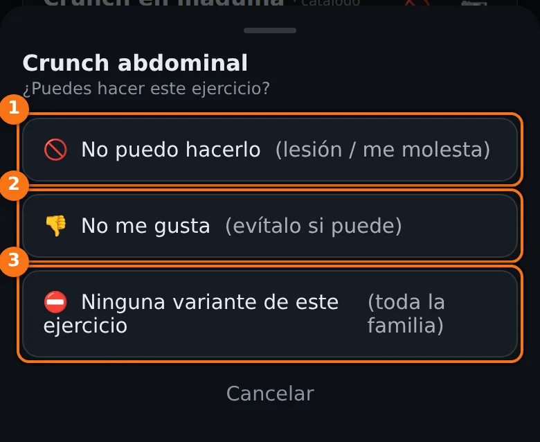 Ventana Puedes hacer este ejercicio con las opciones No puedo hacerlo, No me gusta y Ninguna variante de este ejercicio