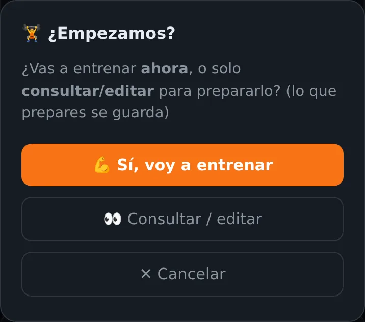 Ventana «¿Empezamos?» de AppGym con las opciones Sí, voy a entrenar, Consultar / editar y Cancelar