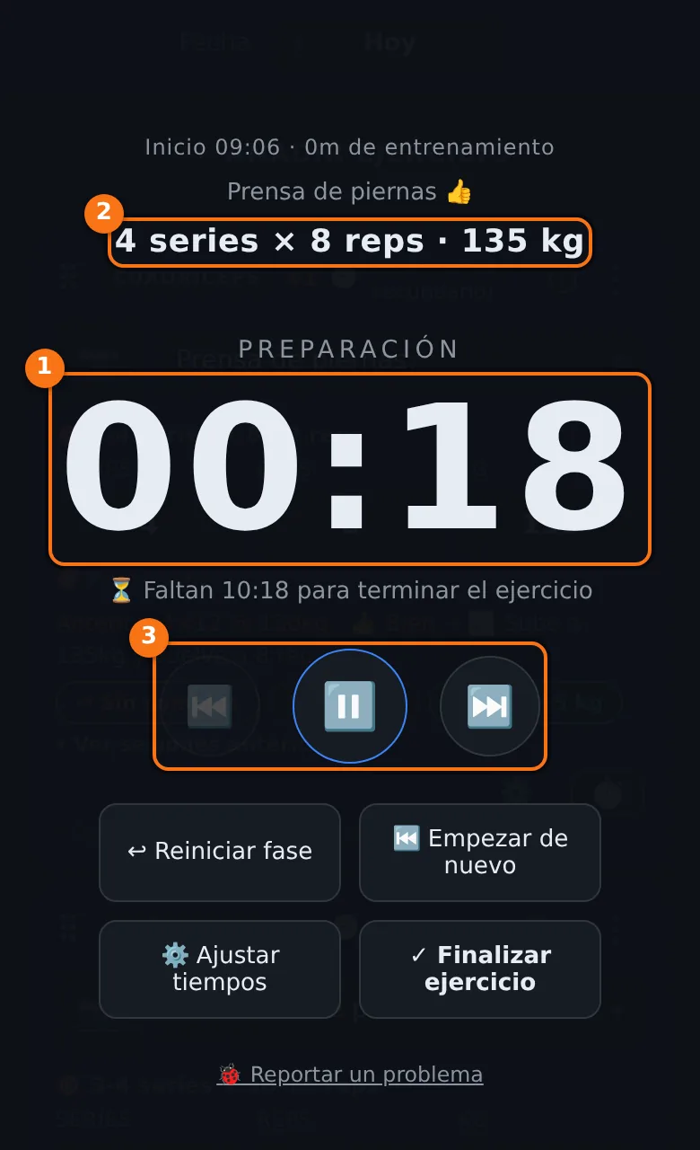 Pantalla del temporizador de AppGym con la cuenta atrás de preparación, los datos del ejercicio y los controles de pausa, anterior y siguiente