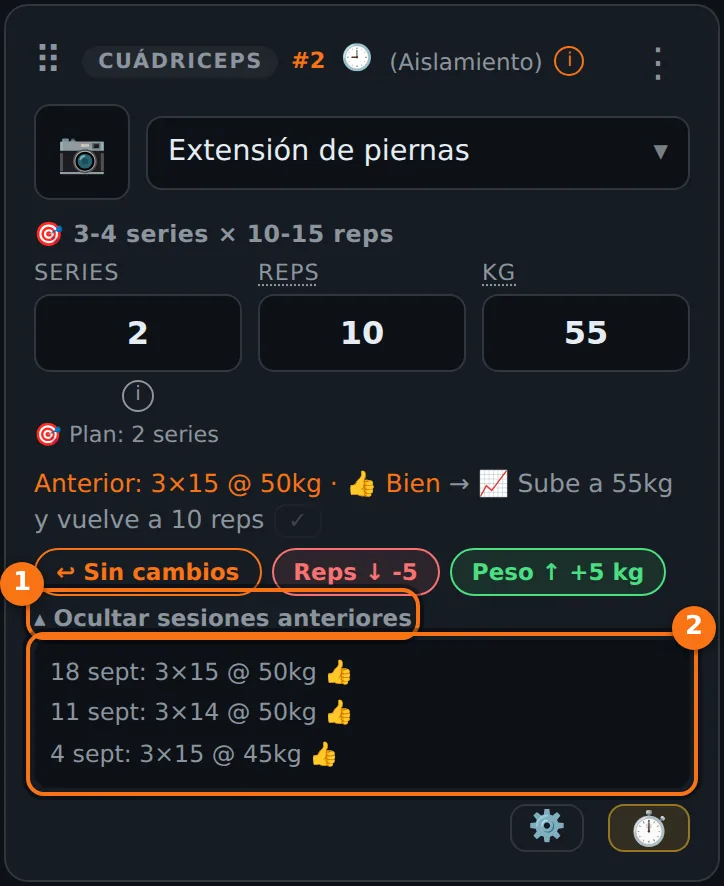Tarjeta de Extensión de piernas con la lista de sesiones anteriores desplegada: 18 sept, 11 sept y 4 sept