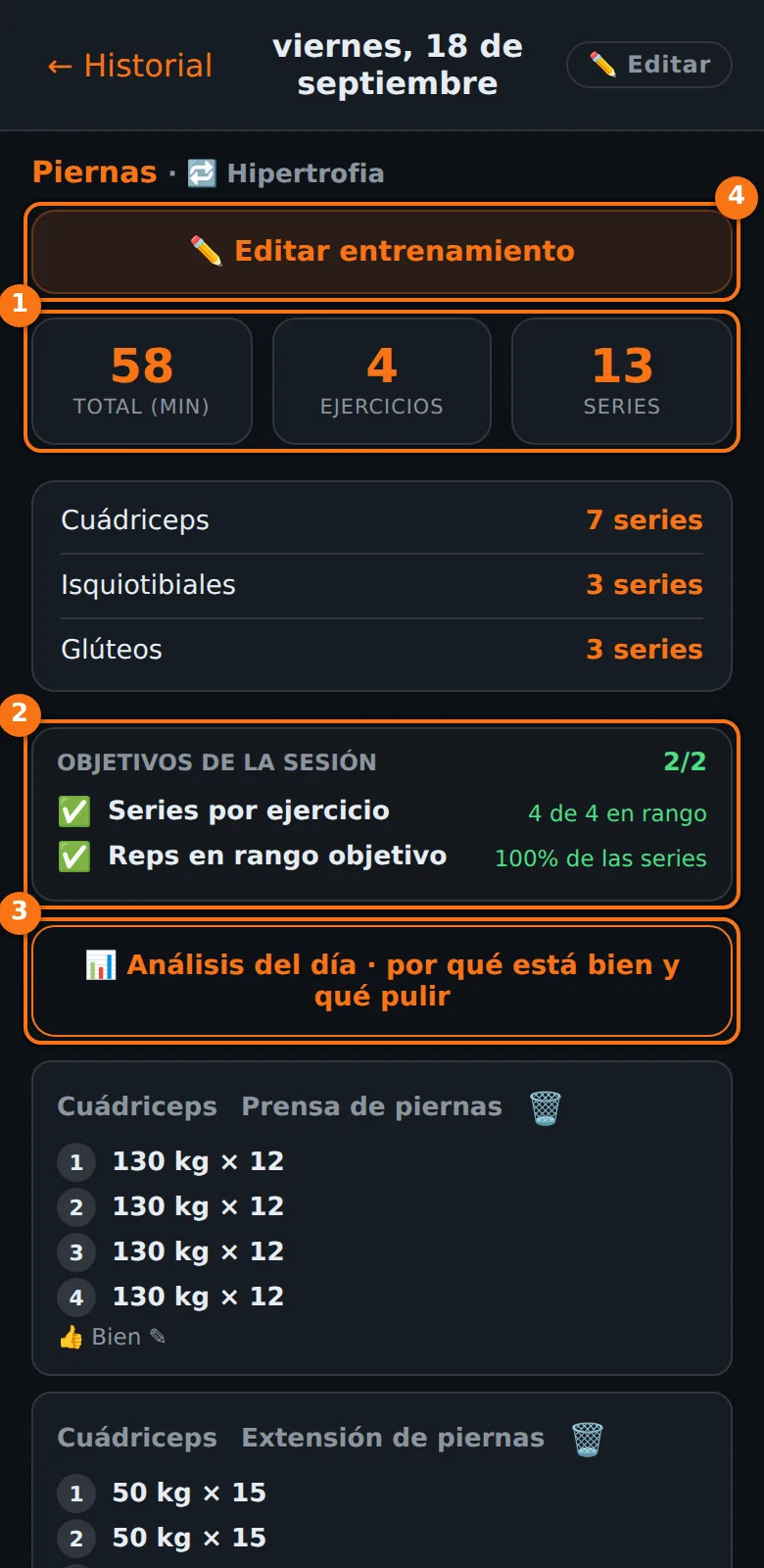 Detalle de una sesión con las cifras de duración, ejercicios y series, el reparto por músculo, los objetivos de la sesión y el botón de análisis del día