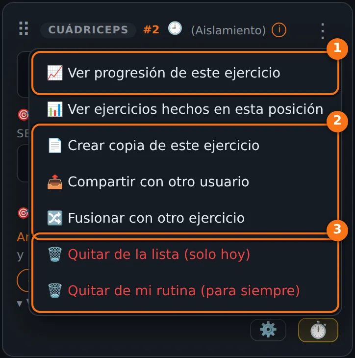 Menú de una tarjeta de ejercicio con las opciones de progresión, ejercicios hechos en esta posición, copia, compartir, fusionar y quitar