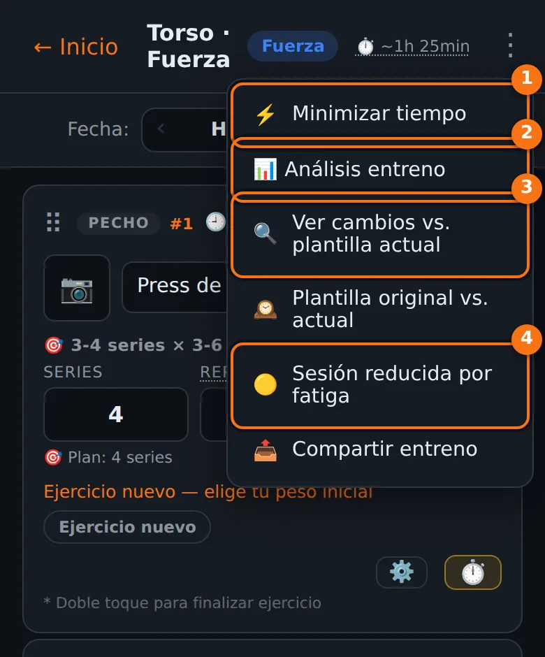 Menú del entreno con las opciones Minimizar tiempo, Análisis entreno, Ver cambios vs plantilla actual, Plantilla original vs actual, Sesión reducida por fatiga y Compartir entreno