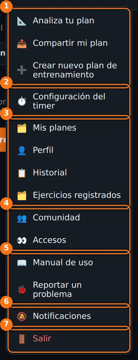 Menú de AppGym con las opciones Analiza tu plan, Compartir mi plan, Crear nuevo plan de entrenamiento, Configuración del timer, Mis planes, Perfil, Historial, Ejercicios registrados, Comunidad, Accesos, Manual de uso, Reportar un problema, Notificaciones y Salir