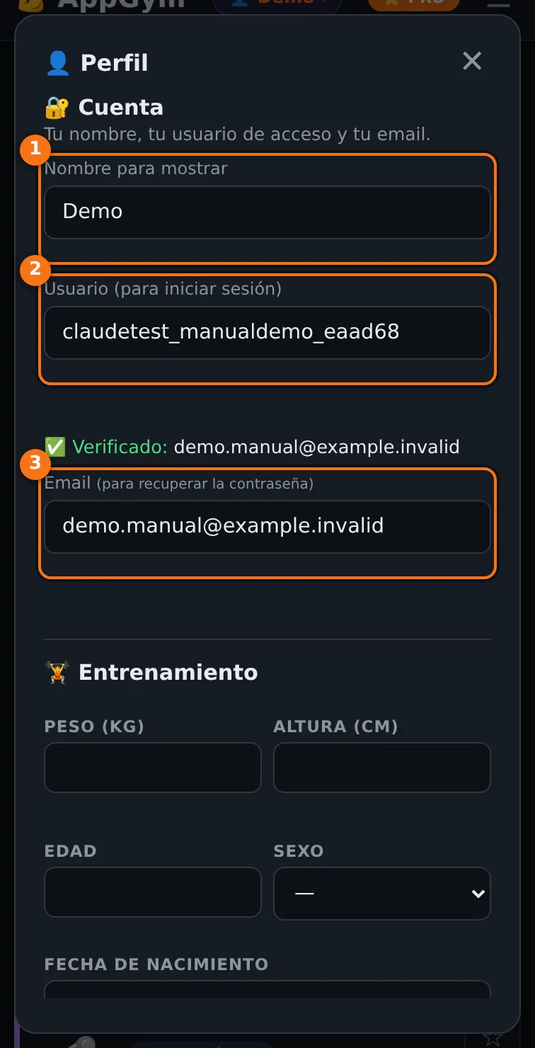 Ventana de Perfil con los datos de cuenta: nombre para mostrar, usuario para iniciar sesión y email verificado