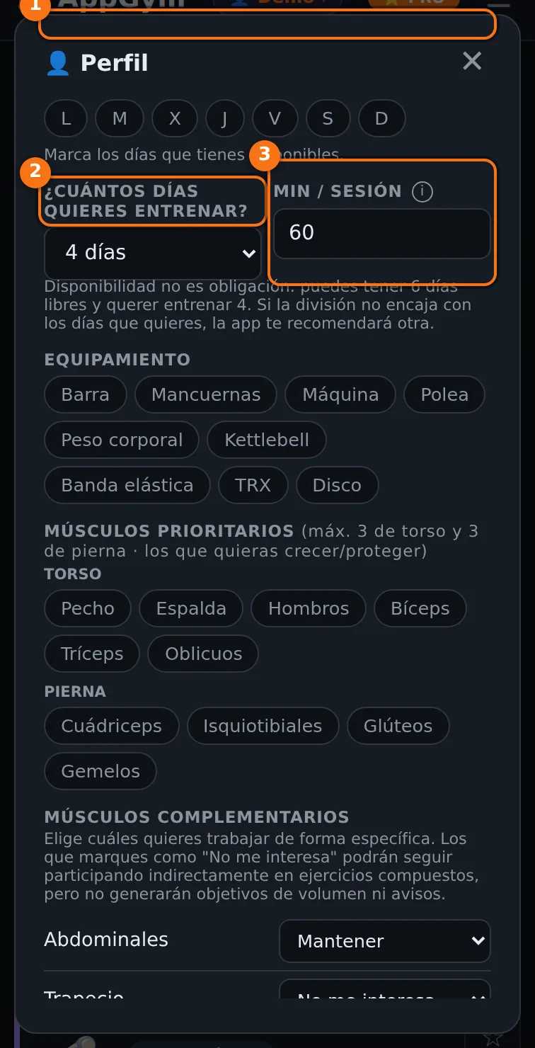 Selector de días de la semana, número de días que quieres entrenar y minutos por sesión