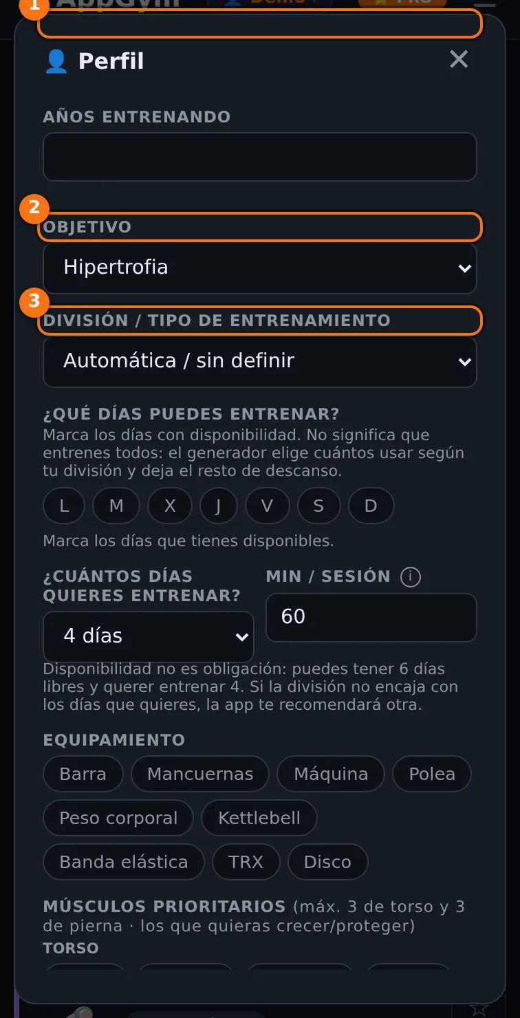 Sección Entrenamiento del perfil con los desplegables de nivel, objetivo y división o tipo de entrenamiento