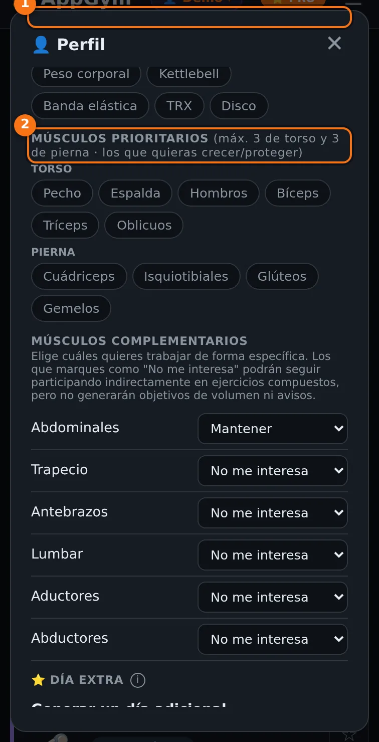 Equipamiento disponible y selección de músculos prioritarios de torso y pierna