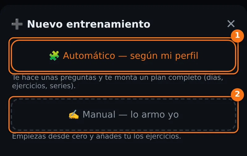 Ventana Nuevo entrenamiento con las opciones Automático según mi perfil y Manual lo armo yo