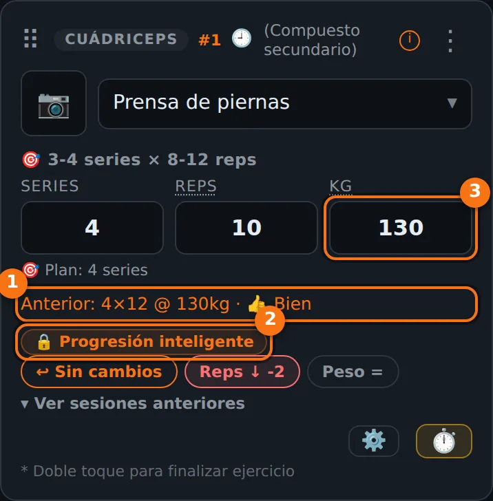 Tarjeta de un usuario Free con el último registro, el peso precargado y el indicador Progresión inteligente con candado