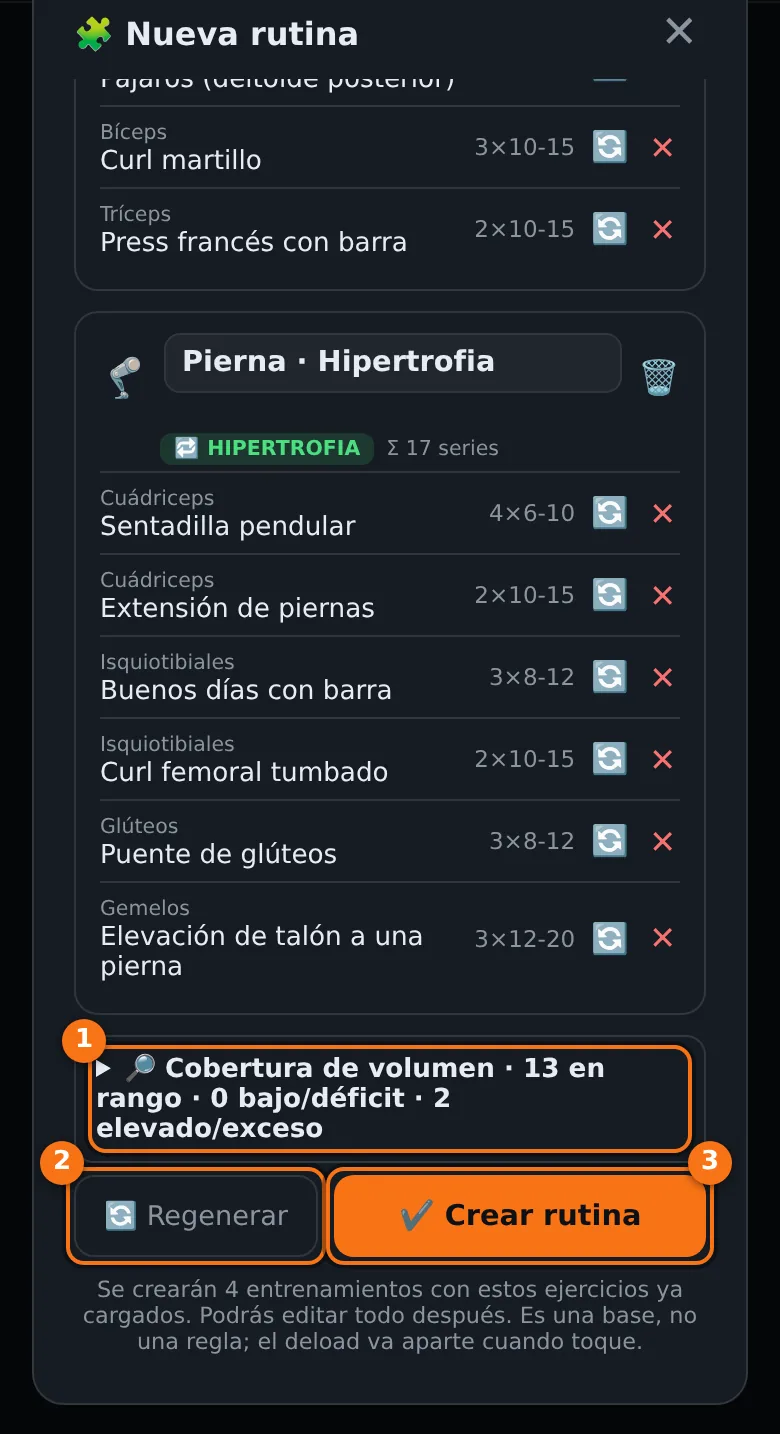 Final de la propuesta con el resumen de cobertura de volumen y los botones Regenerar y Crear rutina