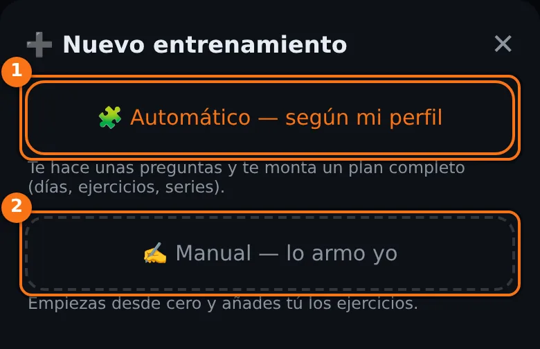 Ventana Nuevo entrenamiento con las opciones Automático según mi perfil y Manual lo armo yo