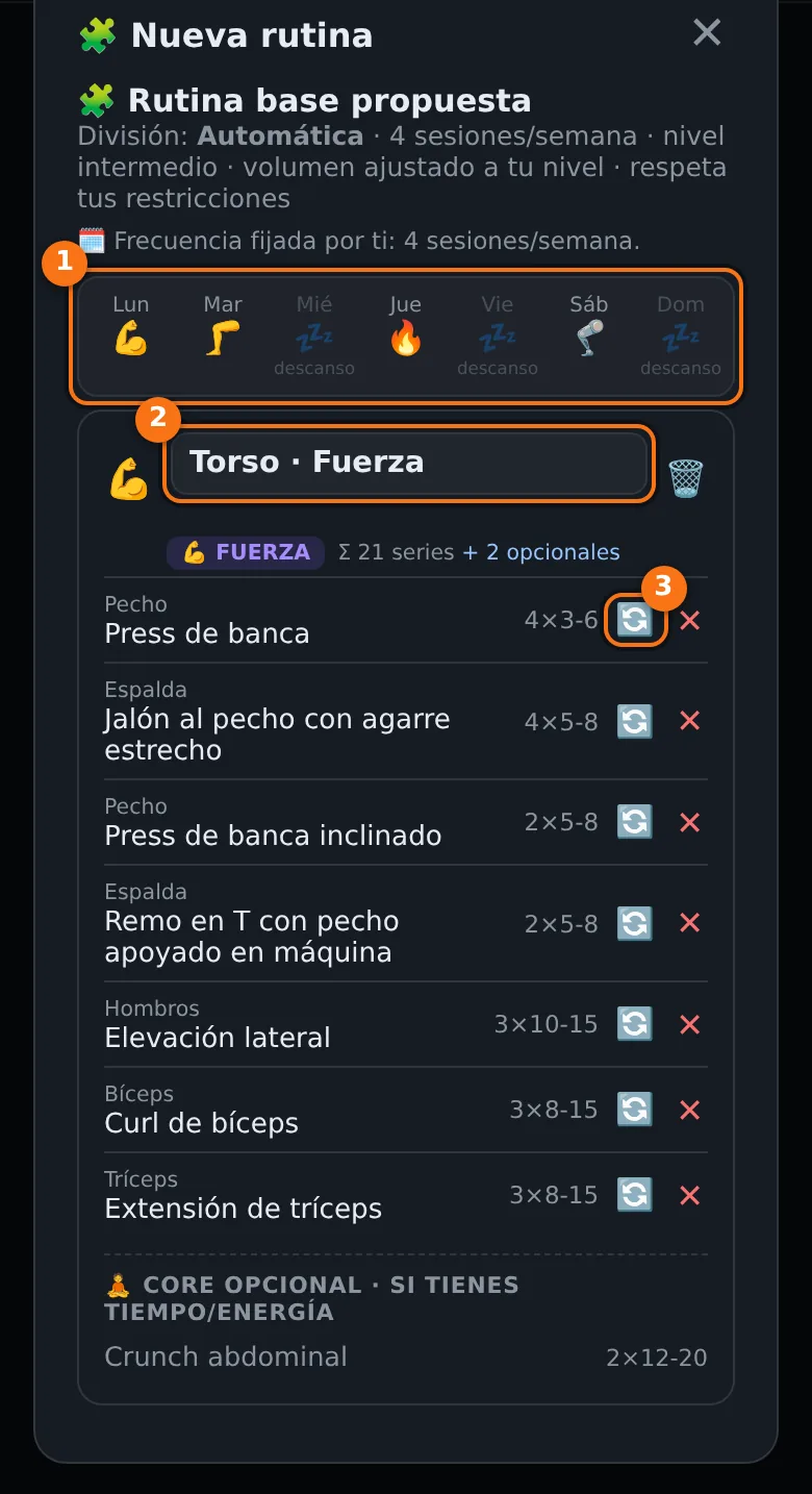 Propuesta de rutina con el calendario semanal, la primera sesión Torso Fuerza y sus ejercicios con series por repeticiones