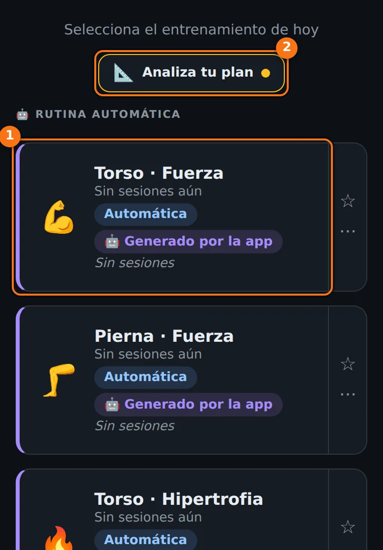 Pantalla de inicio con la rutina automática creada y sus sesiones Torso Fuerza y Pierna Fuerza
