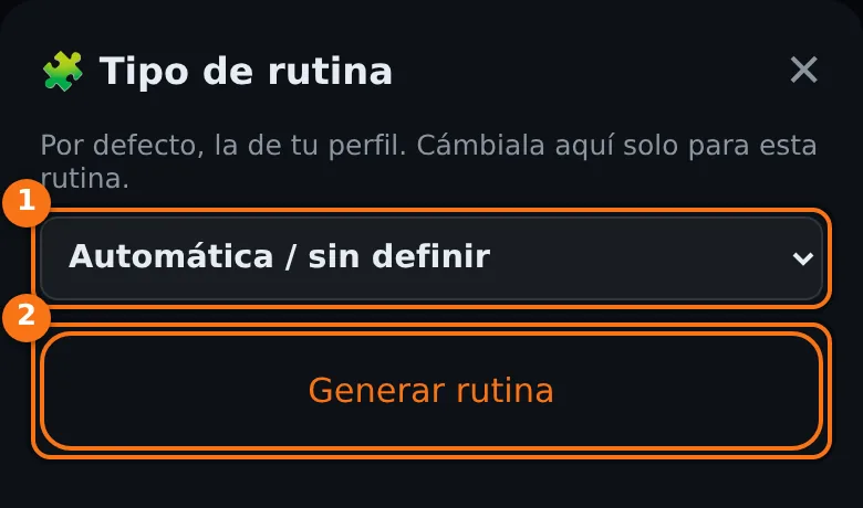 Ventana Tipo de rutina con el desplegable de división y el botón Generar rutina