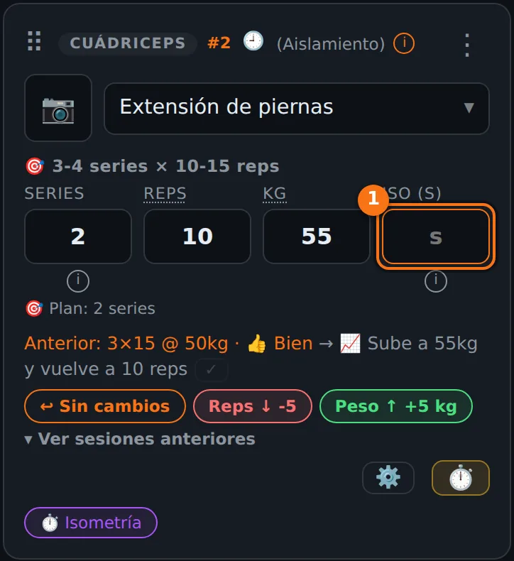 Tarjeta con el campo ISO en segundos junto a series, repeticiones y kilos, tras activar Isometría