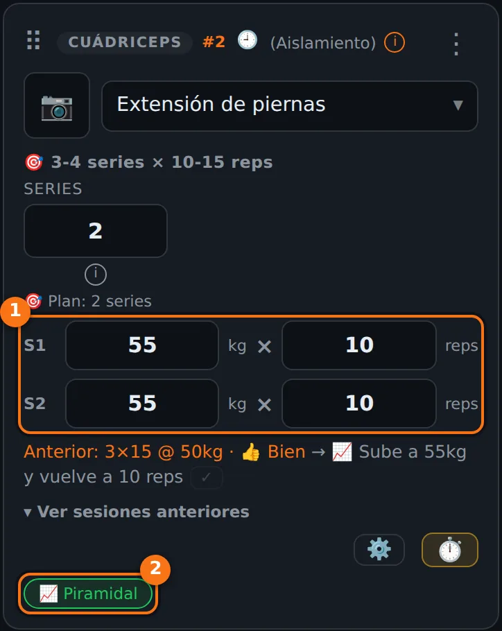 Tarjeta de Extensión de piernas con series piramidales: una fila por serie con su peso y sus repeticiones