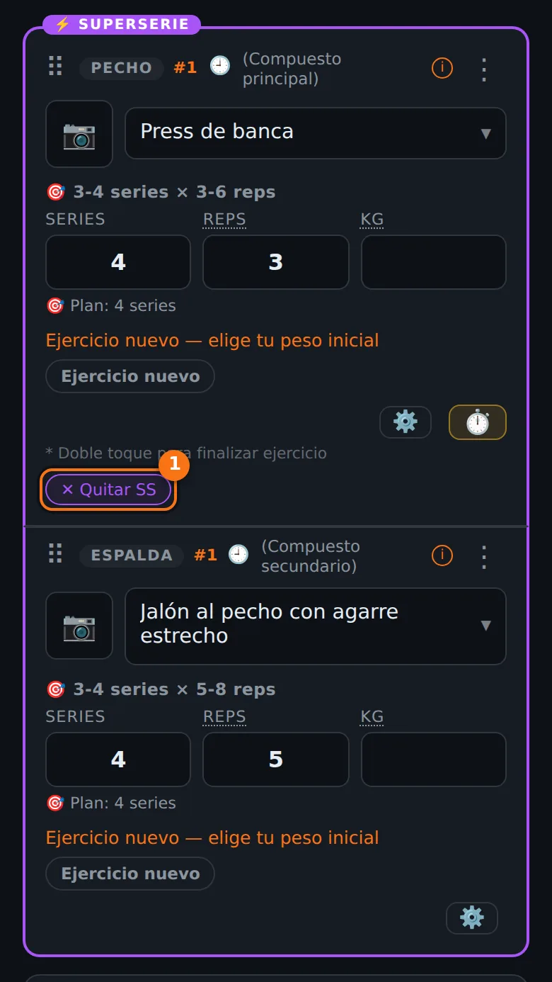 Dos tarjetas enlazadas en superserie, Press de banca y Jalón al pecho, dentro de un marco morado con la etiqueta Superserie