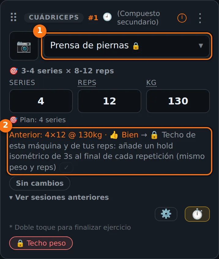 Tarjeta de Prensa de piernas con el candado junto al nombre y la recomendación Techo de esta máquina: añade un hold isométrico de 3 s