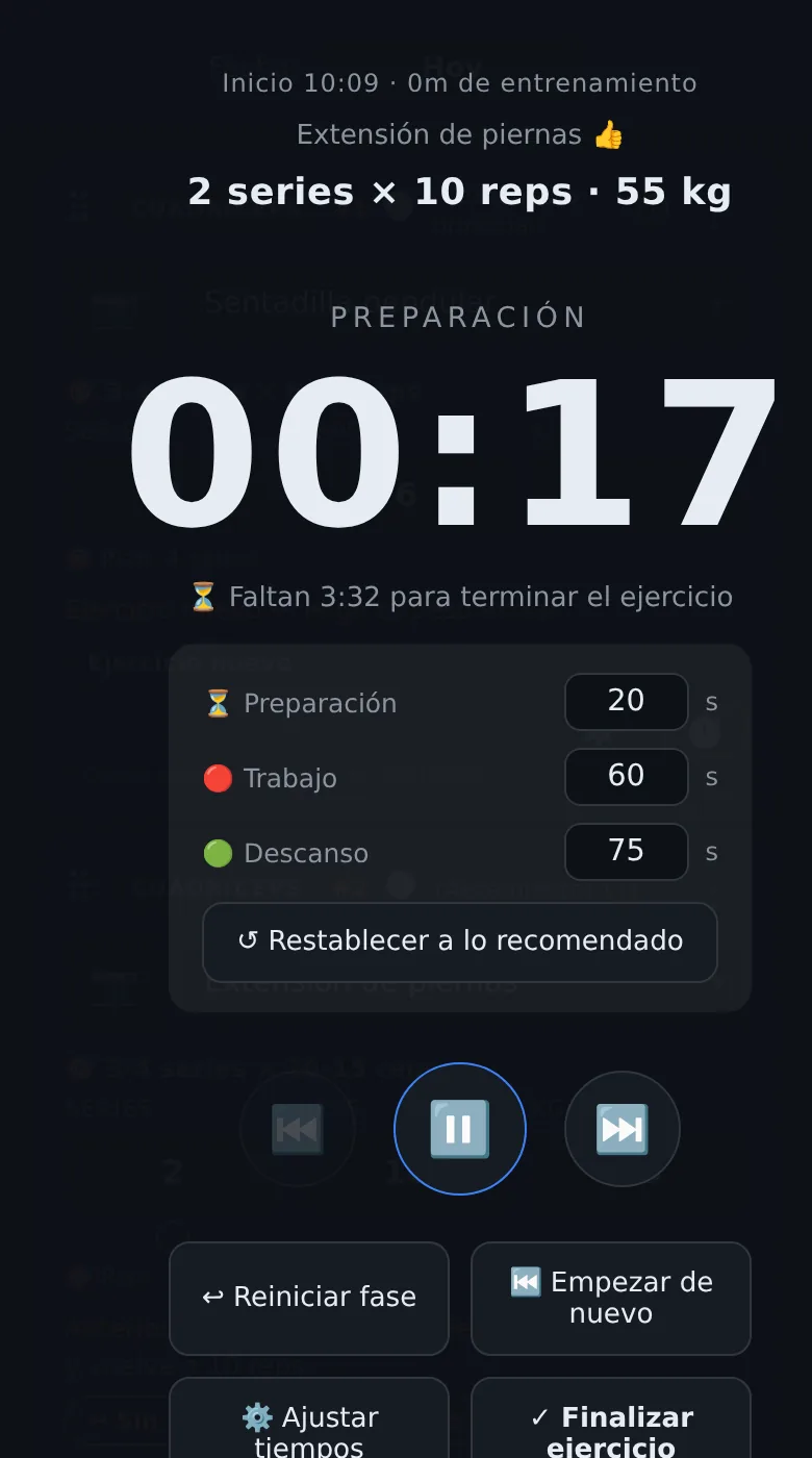 Panel Ajustar tiempos con la preparación global en gris, el trabajo y el descanso del ejercicio y el botón Restablecer a lo recomendado