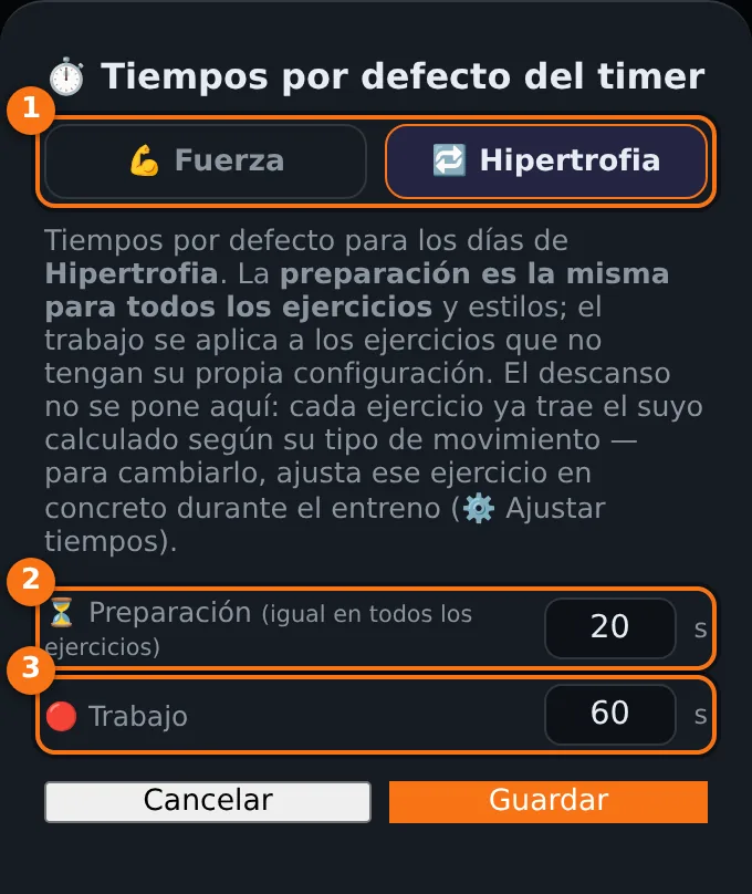 Ventana Tiempos por defecto del timer con las pestañas Fuerza e Hipertrofia y los campos Preparación y Trabajo en segundos