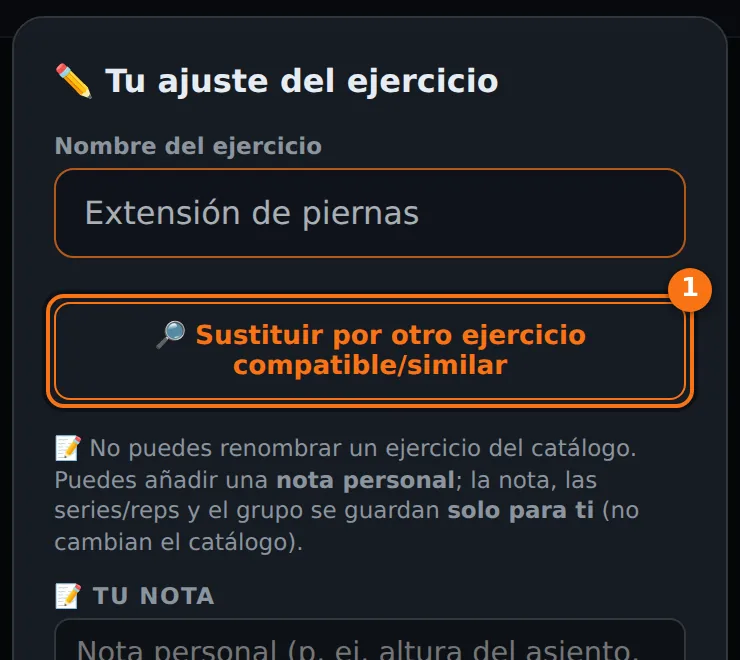 Editor del ejercicio con el botón Sustituir por otro ejercicio compatible o similar resaltado
