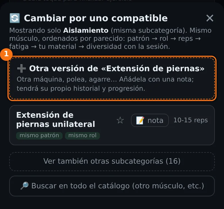 Lista de ejercicios compatibles con la fila Otra versión de Extensión de piernas resaltada y debajo Extensión de piernas unilateral