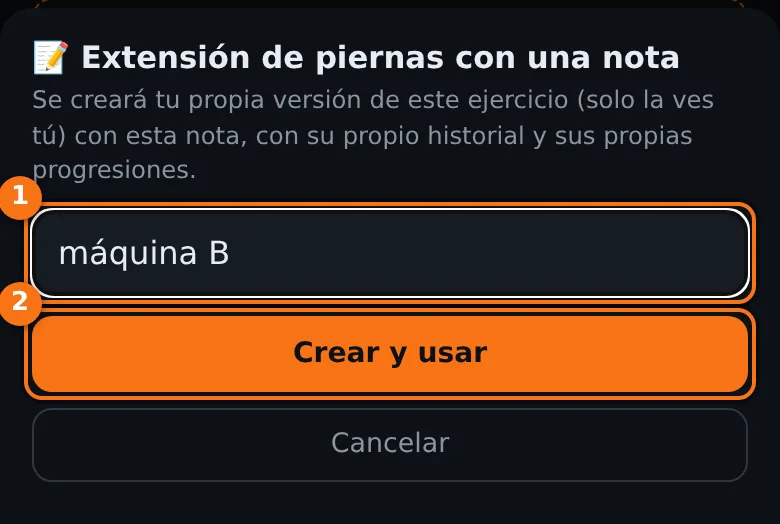 Ventana Extensión de piernas con una nota con el campo de texto máquina B y el botón Crear y usar