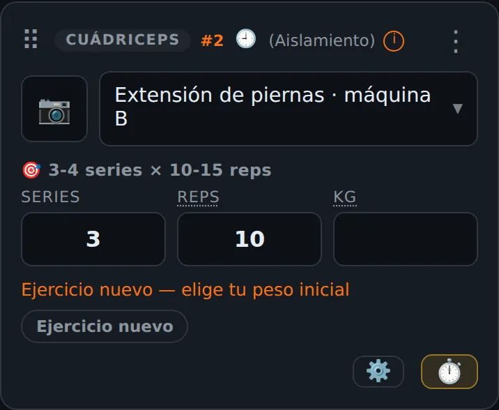 Tarjeta del ejercicio Extensión de piernas · máquina B sin peso todavía y con el aviso Ejercicio nuevo, elige tu peso inicial